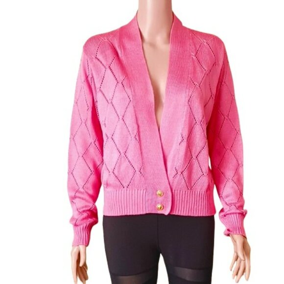 Fia Italia Hand Loomed Cardigan Sweater M Pink Argyle Pattern. Button Bottom - Picture 1 of 8